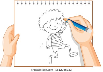 Hand writing of happy boy greeting someone outline illustration