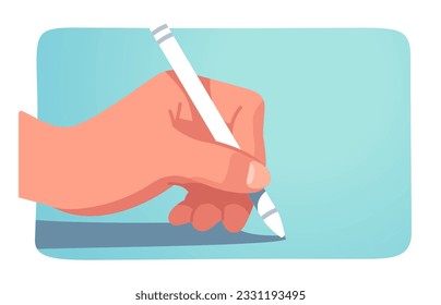 Hand writing holding digital pen sticker. Office worker, student or writer human person hand taking notes, signing closeup. Education, creativity, handwriting, business work flat vector illustration  