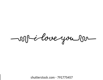 Hand writing "I love you" with pulse line, heart rate monitor. black and white, minimalism. lettering design, saint valentine's day.