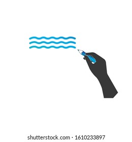 hand writing icon. Hand with blue pencil drawing wave. Stock vector illustration isolated on white background.