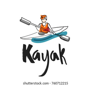 Hand writing "Kayak" with illustration of kayaking: man in helmet and life vest with paddle in a kayak/canoe. Poster, logo, product, emblem, banner, advert vector design. Lettering