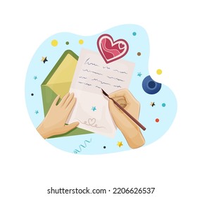 Hand Writing Letter With Fountain Pen And And Inkwell. View From Above Of Female Hands Writing Love Letter On Paper. People Sending Letters Through Postal Service, Postcrossing Cartoon Vector