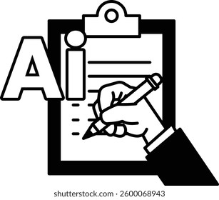 A hand is writing the letter A on a clipboard In black and white line style