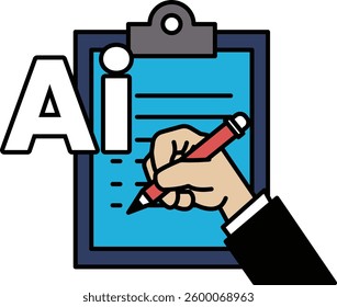 A hand is writing the letter A on a clipboard. The clipboard is blue and the hand is red