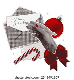 Hand writing Letter to Santa in halftone collage style. Black and white monochrome vector illustration with festive red.