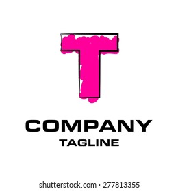 Hand writing letter T logo, funky pink stroke logotype
