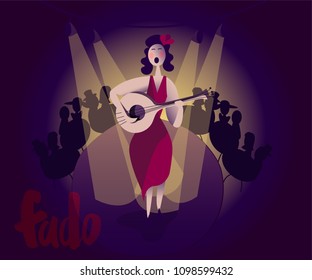 Hand writing, lettering "Fado" with woman singing. Portuguese national music, female singer, vector illustration. Portugal attraction, culture, tourism, travel.