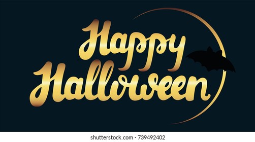 Hand writing lettering "Happy Halloween" golden effect with bat illustration
