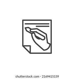 Icono de línea de escritura manual. signo de estilo lineal para concepto móvil y diseño web. Mano con el icono vectorial de borde de lápiz y papel. Símbolo de blogueo, ilustración del logo. Gráficos vectoriales