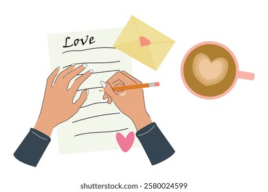 hand writing a love letter by a pencil with a cup of coffee next to it, isolated on white background