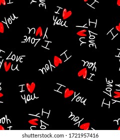 Hand Writing I Love You Text with Red Hearts Repeating Vector Pattern Isolated Background