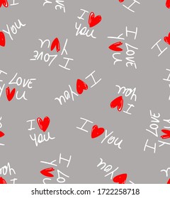 Hand Writing I Love You Text with Red Hearts Repeating Vector Pattern Isolated Background