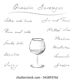 Hand writing of names cocktails. Isolated.