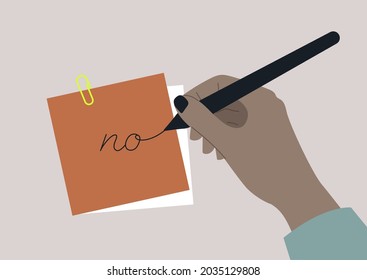 A hand writing No on a sticky note, negative answer, rejection concept