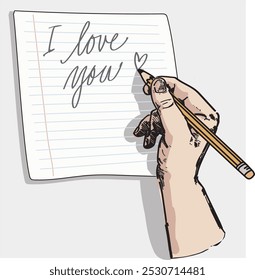 hand writing note on paper "i love you" isolated illustration on white background