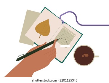 Hand writing note, plan in paper notebook, personal diary with coffee cup on desk. Taking records, to-do list in planner, organizer. Flat vector illustration isolated on white background