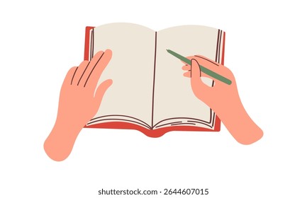Anotação manuscrita, plano em caderno de papel, diário pessoal na mesa. Fazendo registros, lista de tarefas no planejador, organizador. Ilustração de vetor plano isolada no plano de fundo branco