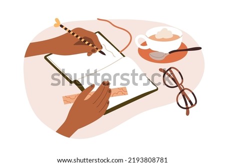Hand writing note, plan in paper notebook, personal diary with coffee cup, eyeglasses on desk. Taking records, to-do list in planner, organizer. Flat vector illustration isolated on white background
