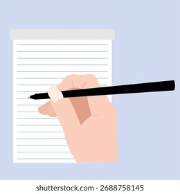 Eine Handschrift in einem Notizbuch mit einem schwarzen Stift, unverzichtbares Werkzeug für Journalisten, flacher Kunststil.
