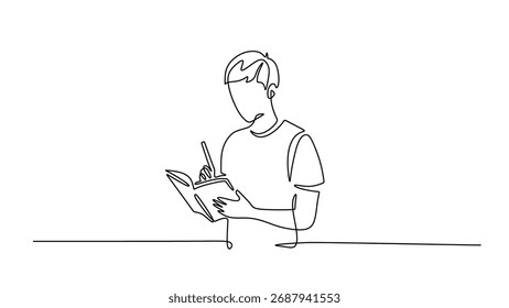 Hand writing in a notebook continuous line drawing. Person writes on a book. Education and learning concept. Minimalist hand drawn vector illustration.
