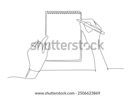 Hand writing in notebook. Notepads concept one-line drawing