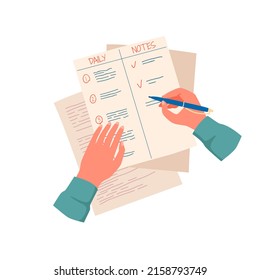 Hand writing notes, memo list of important subjects and daily tasks on paper sheet of diary or notebook vector illustration. Cartoon person holding pen to write isolated on white. Planner concept