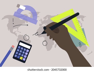 A hand writing notes on a map, a geography lesson