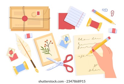 Hand with writing objects set. Scissors with letters, pencil and thread. International communication and interaction. Cartoon flat vector collection isolated on white background