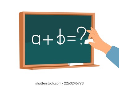 Hand writing on blackboard flat vector illustration. Teacher explaining math exercise in classroom using chalk isolated on white background. Science, education, school, knowledge concept