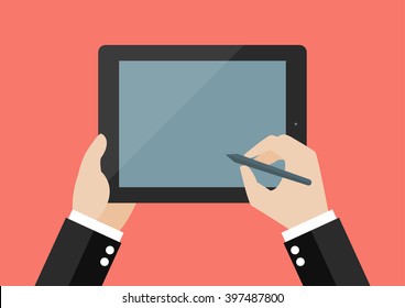 Hand writing on blank screen of tablet. Flat style design