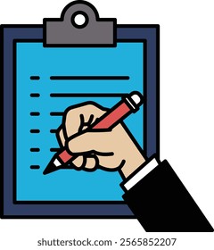 A hand is writing on a blue clipboard with a red pen. The clipboard has a list of items and the hand is writing on it