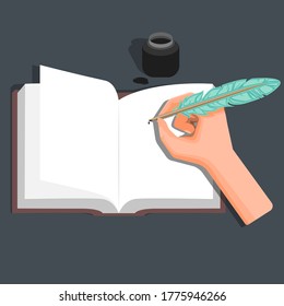 Escritura manual en libro con pluma pluma de pluma e inkwell en vector de ilustración plana 