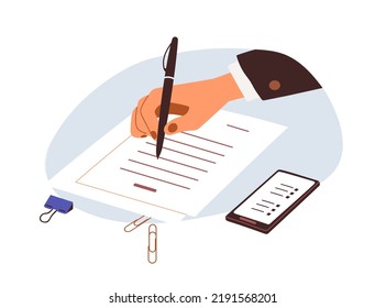 Hand writing on business official paper, taking notes. Employee filling application form, abstract office document with pen at work. Flat vector illustration isolated on white background