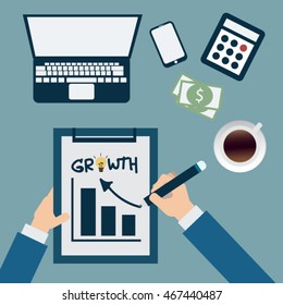Hand writing on check sheet about growth trend in this year on work table background,flat vector design. 