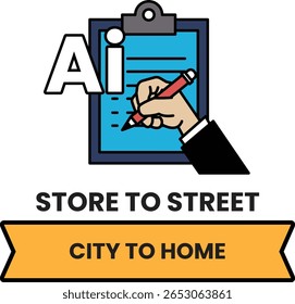 Uma mão escrevendo em uma área de transferência com as letras AI. A área de transferência é azul e a mão é vermelha. A imagem é intitulada Store to Street City to Home
