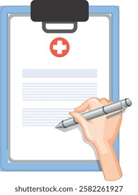 Hand writing on clipboard with medical symbol