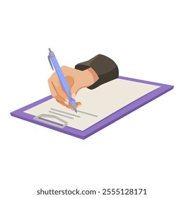 Hand writing on clipboard with pen in simple style. Vector illustration