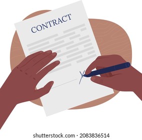 Hand writing on contract flat color vector illustration. Putting sign on business paper, on license sheet. Writing on official legal documents 2D cartoon first view hand with abstract background