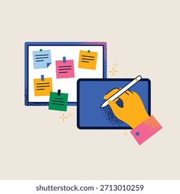Mão Escrevendo no Tablet Digital com Sticky Notes Board. Gerenciamento De Projetos, Organização De Tarefas, Debate Digital, Inovação. Ilustração de vetor plano. Produtividade, planejamento e conceito de fluxo de trabalho