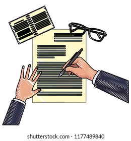 Hand writing on document and glasses scribble