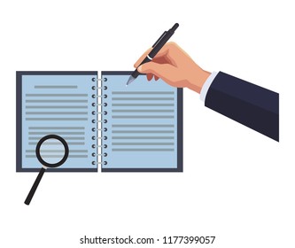 Hand writing on notebook with magnifying glass
