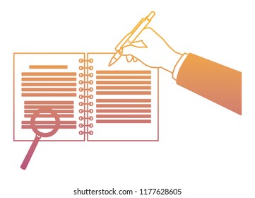 Hand writing on notebook with magnifying glass rainbow lines