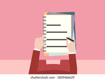 Hand writing on the paper document. Top view flat 
education or business design.