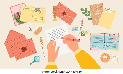 Hand is writing on paper a letter, around a stack of envelopes, wax stamp, stamps, point of view. The concept of sending letters and postcards to a friend. Vector illustration