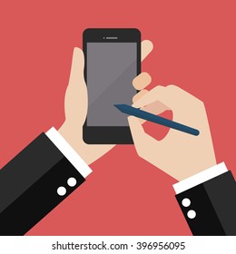 Hand writing on smartphone. Flat style design