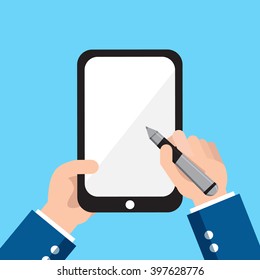 Hand writing on smartphone. Flat style design