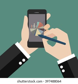Hand writing on smartphone with pie chart and bar chart. Flat style design
