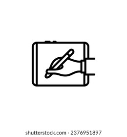 Hand writing on tablet outline icon. Vector illustration. The isolated icon suits the web, infographics, interfaces, and apps.