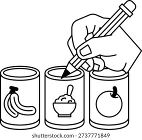 A hand is writing on three cans of food. The cans are labeled with different types of food, including bananas, apples, and tomatoes. The hand is using a pencil to write on the cans