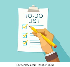 Hand writing on todo list with pencil cartoon vector illustration. Organization and planning concept. Writing down notes and tasks on todo list using sharp pencil